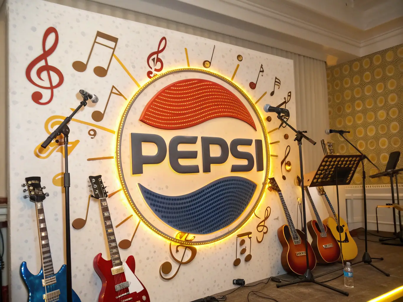 A dynamic image showcasing the Pepsi logo alongside musical instruments, symbolizing Manuel Sambour's collaboration with Pepsi on a commercial campaign.